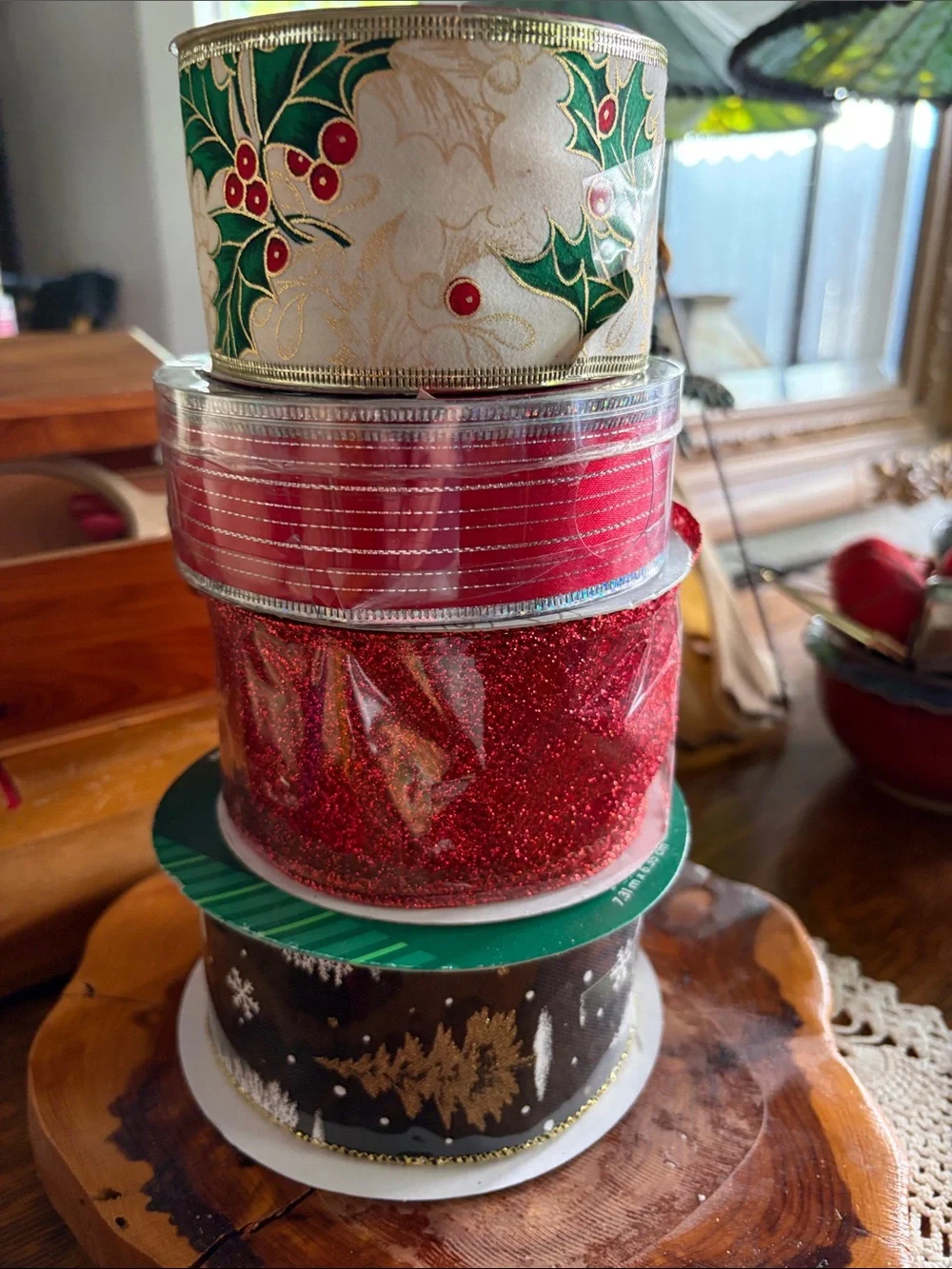 Festive Red Glitter & Holly Wired Ribbon Set - Holiday Gift Wrap
